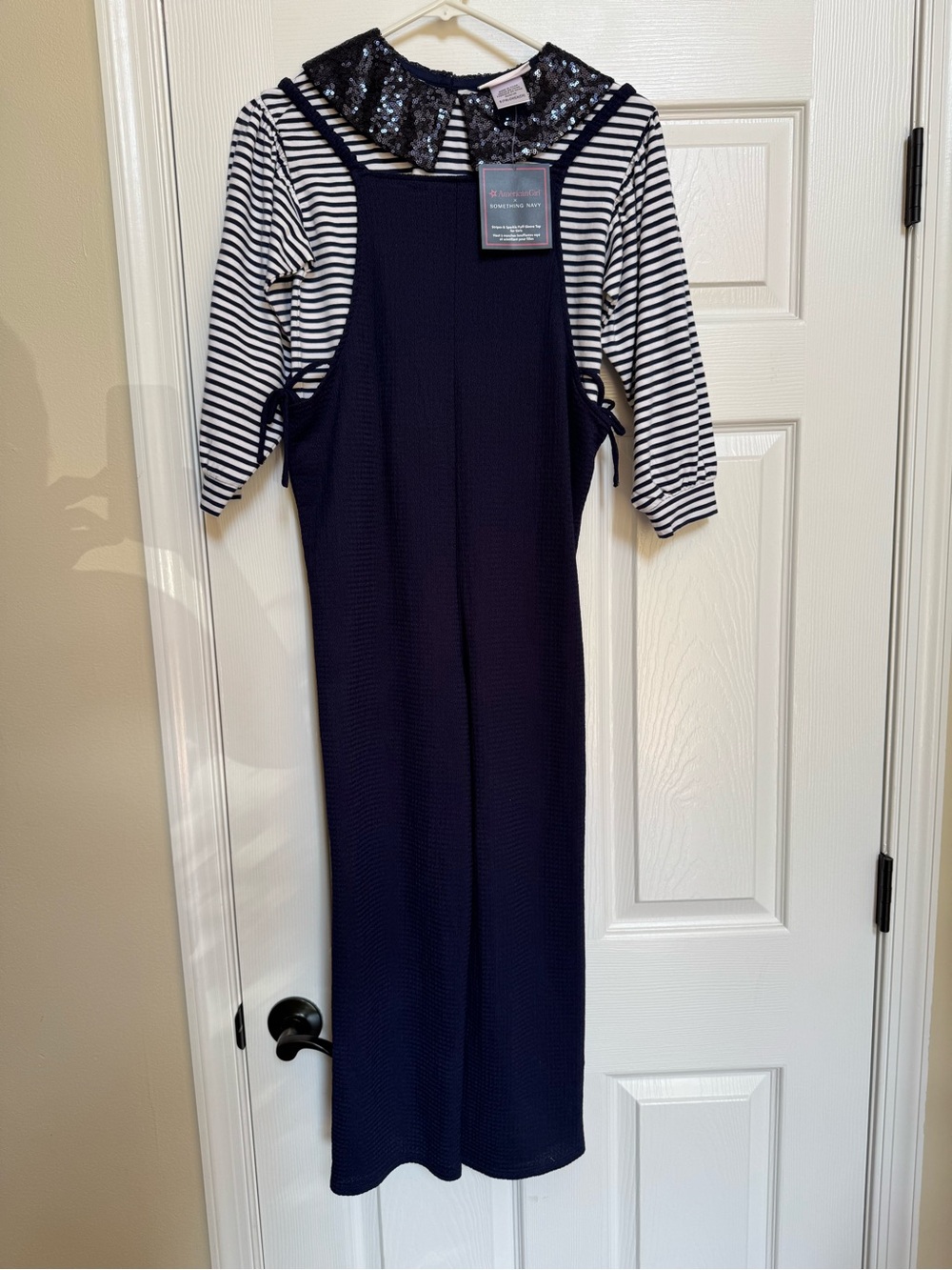 American Girl Navy Jumper with Black-and-White Striped Tee and Sequin Collar